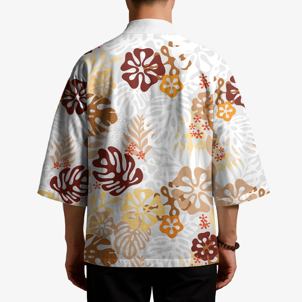 Brown Aloha Hawaiian Kimono Monstera Hibiscus Tropical Pattern LT19 - Polynesian Pride