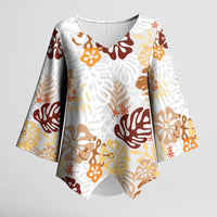 Brown Aloha Hawaiian Kimono Sleeve Blouse Monstera Hibiscus Tropical Pattern LT19 Female Brown - Polynesian Pride