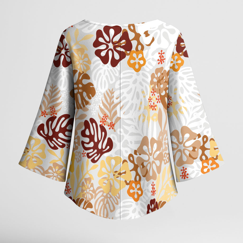 Brown Aloha Hawaiian Kimono Sleeve Blouse Monstera Hibiscus Tropical Pattern LT19 - Polynesian Pride