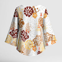 Brown Aloha Hawaiian Kimono Sleeve Blouse Monstera Hibiscus Tropical Pattern LT19 - Polynesian Pride
