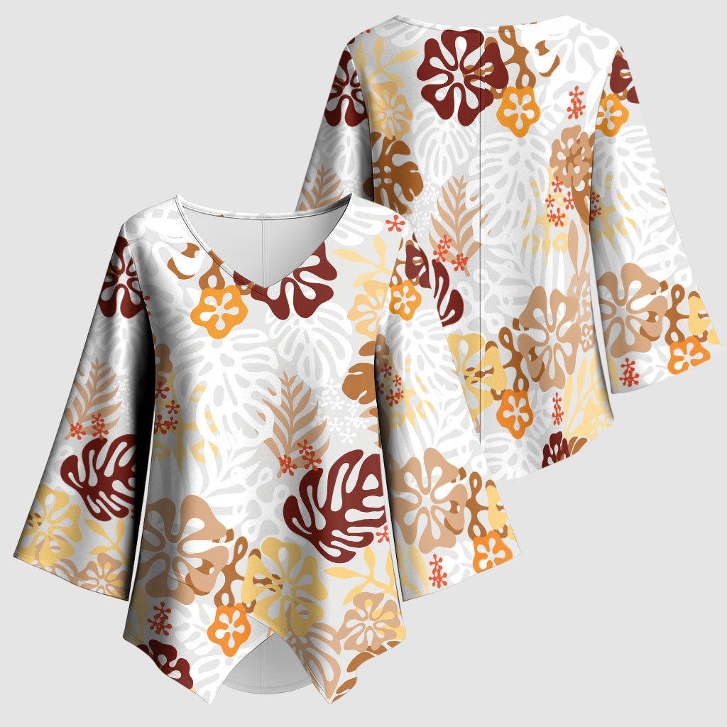 Brown Aloha Hawaiian Kimono Sleeve Blouse Monstera Hibiscus Tropical Pattern LT19 - Polynesian Pride