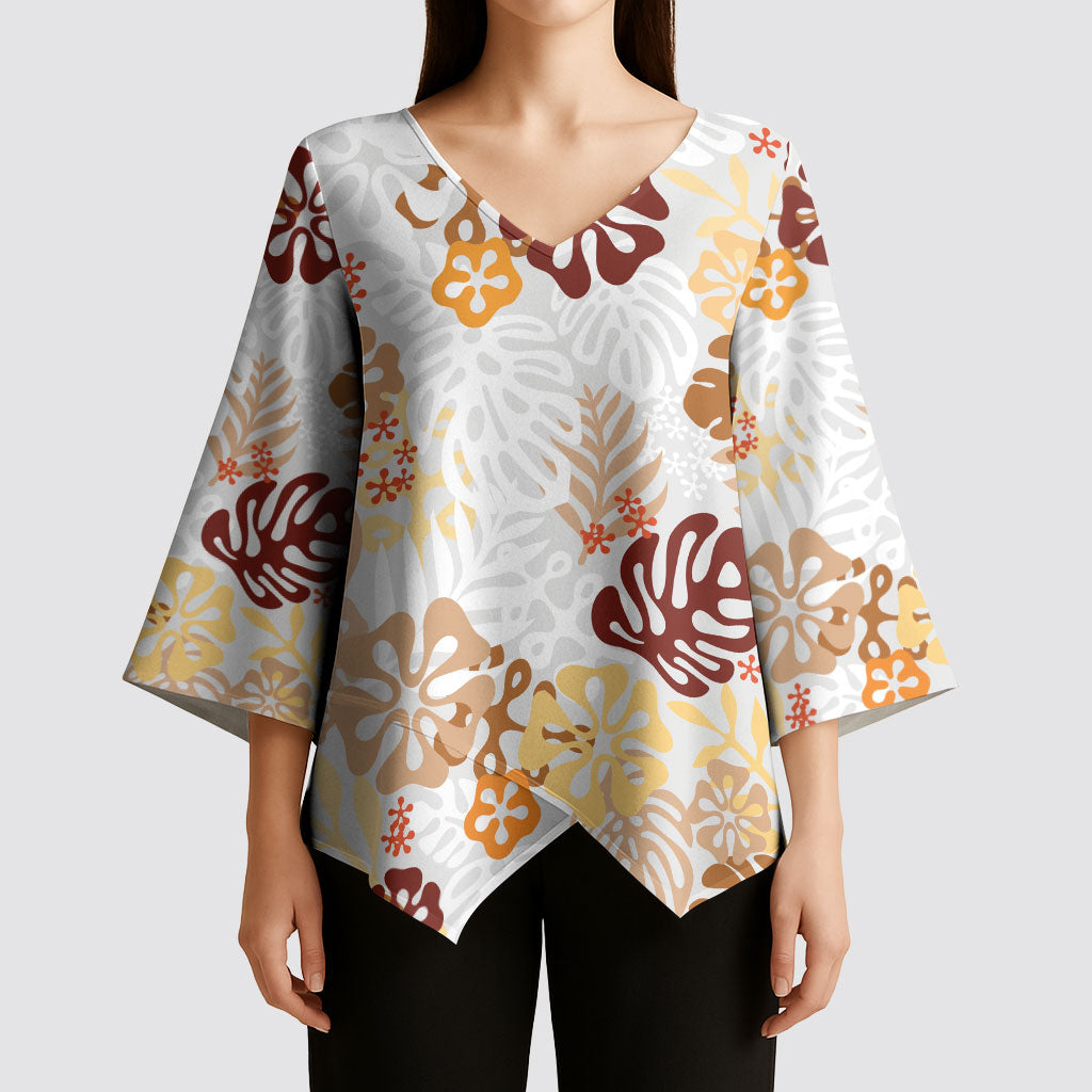 Brown Aloha Hawaiian Kimono Sleeve Blouse Monstera Hibiscus Tropical Pattern LT19 - Polynesian Pride