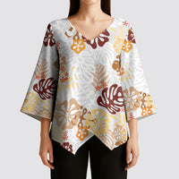 Brown Aloha Hawaiian Kimono Sleeve Blouse Monstera Hibiscus Tropical Pattern LT19 - Polynesian Pride