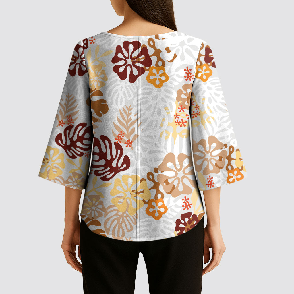 Brown Aloha Hawaiian Kimono Sleeve Blouse Monstera Hibiscus Tropical Pattern LT19 - Polynesian Pride