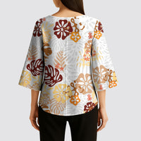 Brown Aloha Hawaiian Kimono Sleeve Blouse Monstera Hibiscus Tropical Pattern LT19 - Polynesian Pride