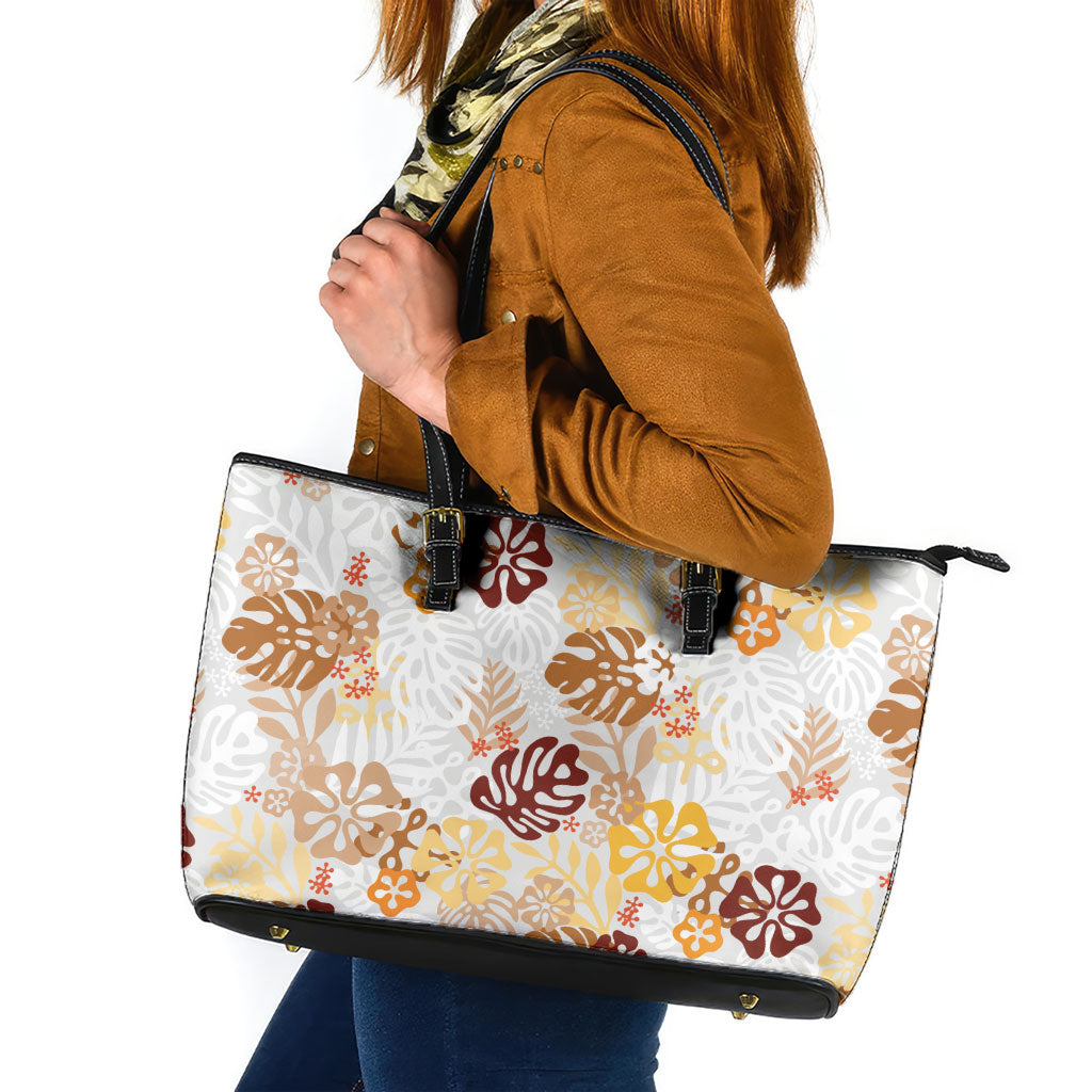Brown Aloha Hawaiian Leather Tote Bag Monstera Hibiscus Tropical Pattern LT19 Brown - Polynesian Pride
