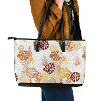 Brown Aloha Hawaiian Leather Tote Bag Monstera Hibiscus Tropical Pattern LT19 - Polynesian Pride