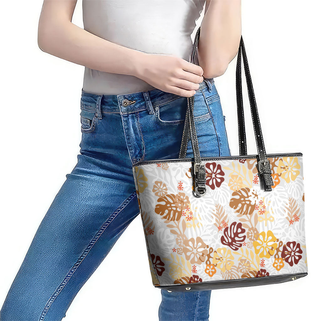 Brown Aloha Hawaiian Leather Tote Bag Monstera Hibiscus Tropical Pattern LT19 - Polynesian Pride