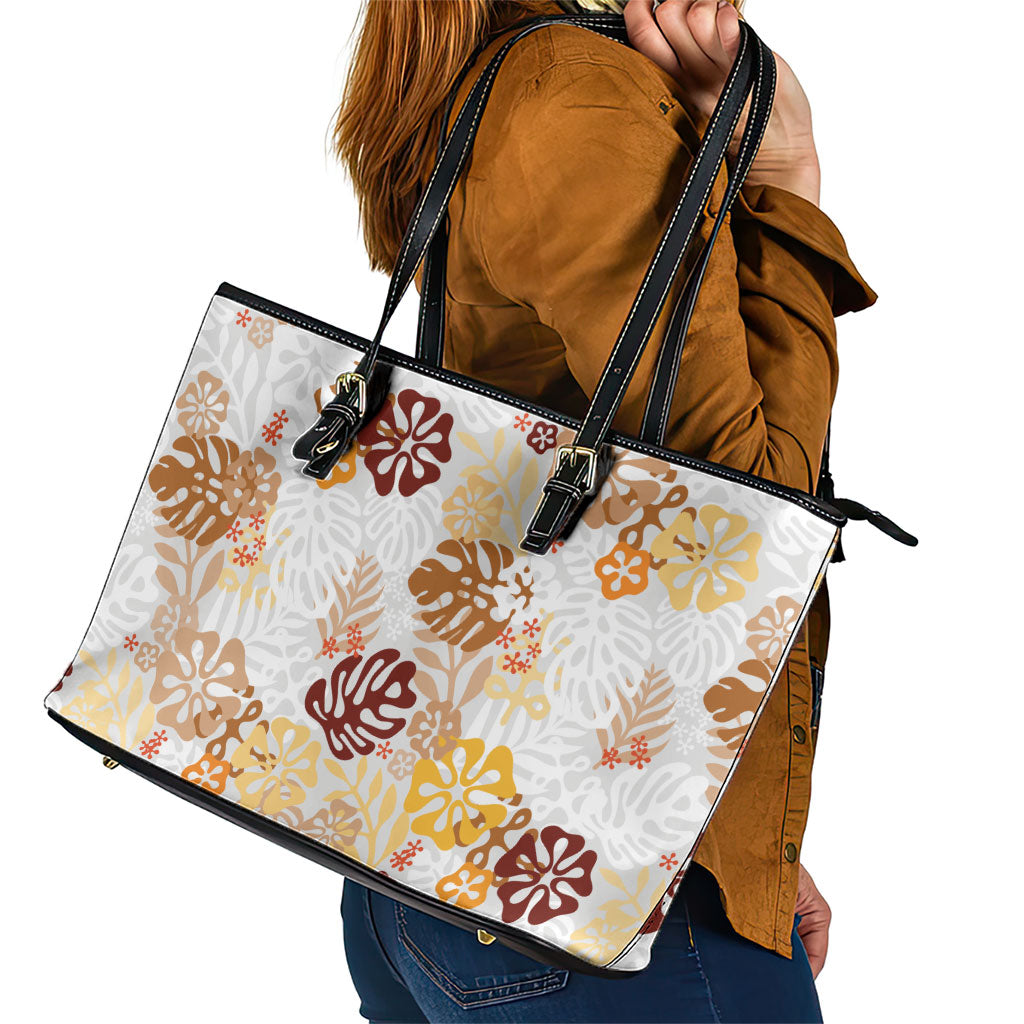Brown Aloha Hawaiian Leather Tote Bag Monstera Hibiscus Tropical Pattern LT19 - Polynesian Pride