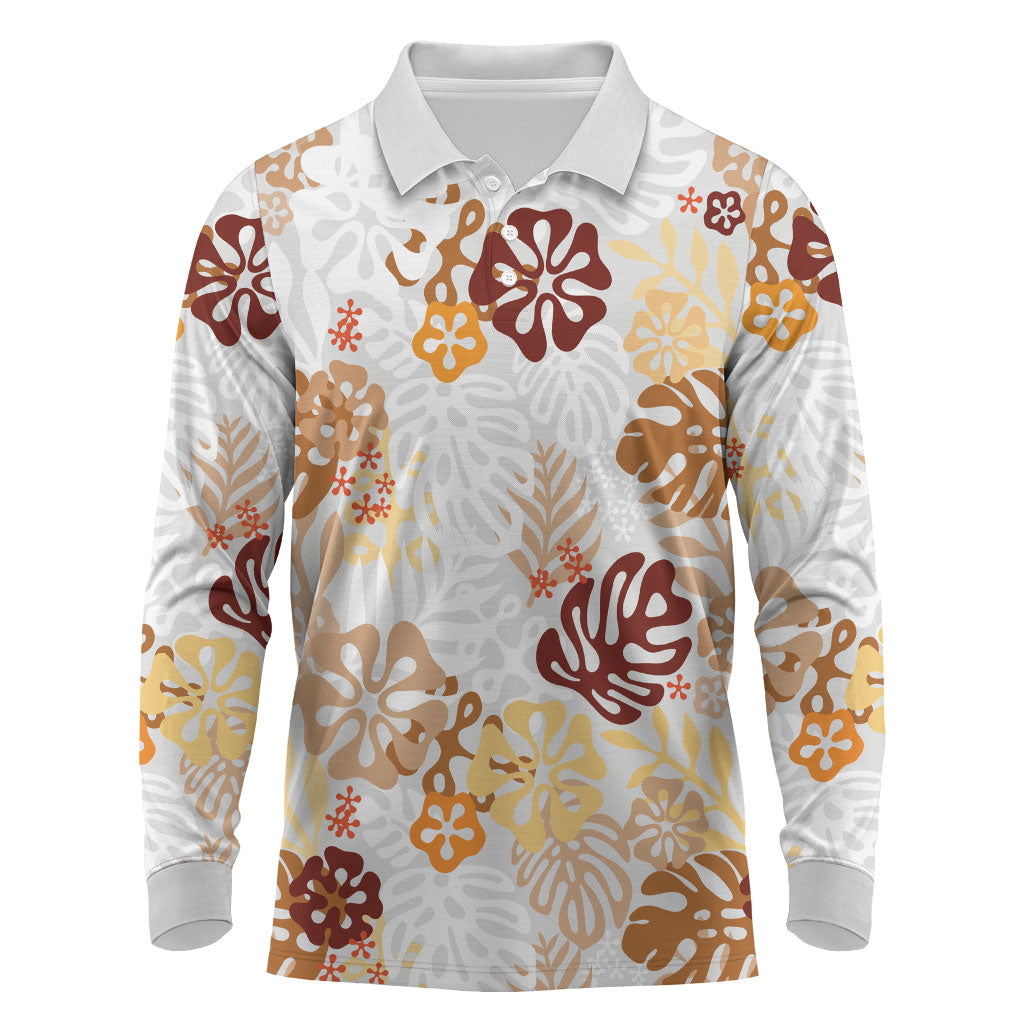 Brown Aloha Hawaiian Long Sleeve Polo Shirt Monstera Hibiscus Tropical Pattern LT19 Brown - Polynesian Pride