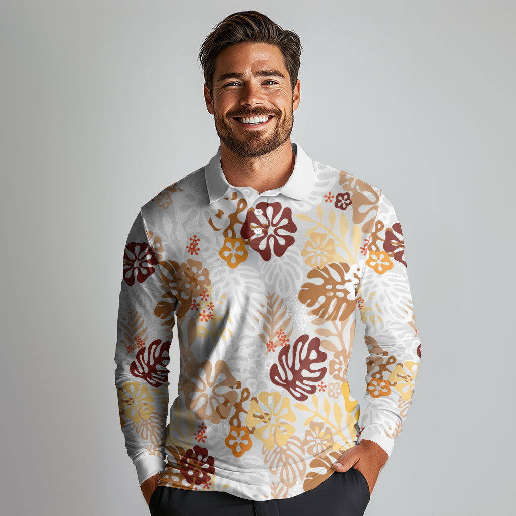 Brown Aloha Hawaiian Long Sleeve Polo Shirt Monstera Hibiscus Tropical Pattern LT19 - Polynesian Pride