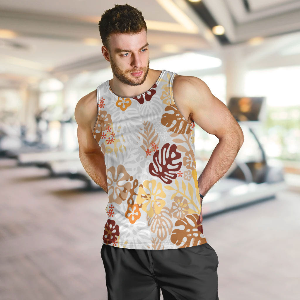 Brown Aloha Hawaiian Men Tank Top Monstera Hibiscus Tropical Pattern LT19 Brown - Polynesian Pride