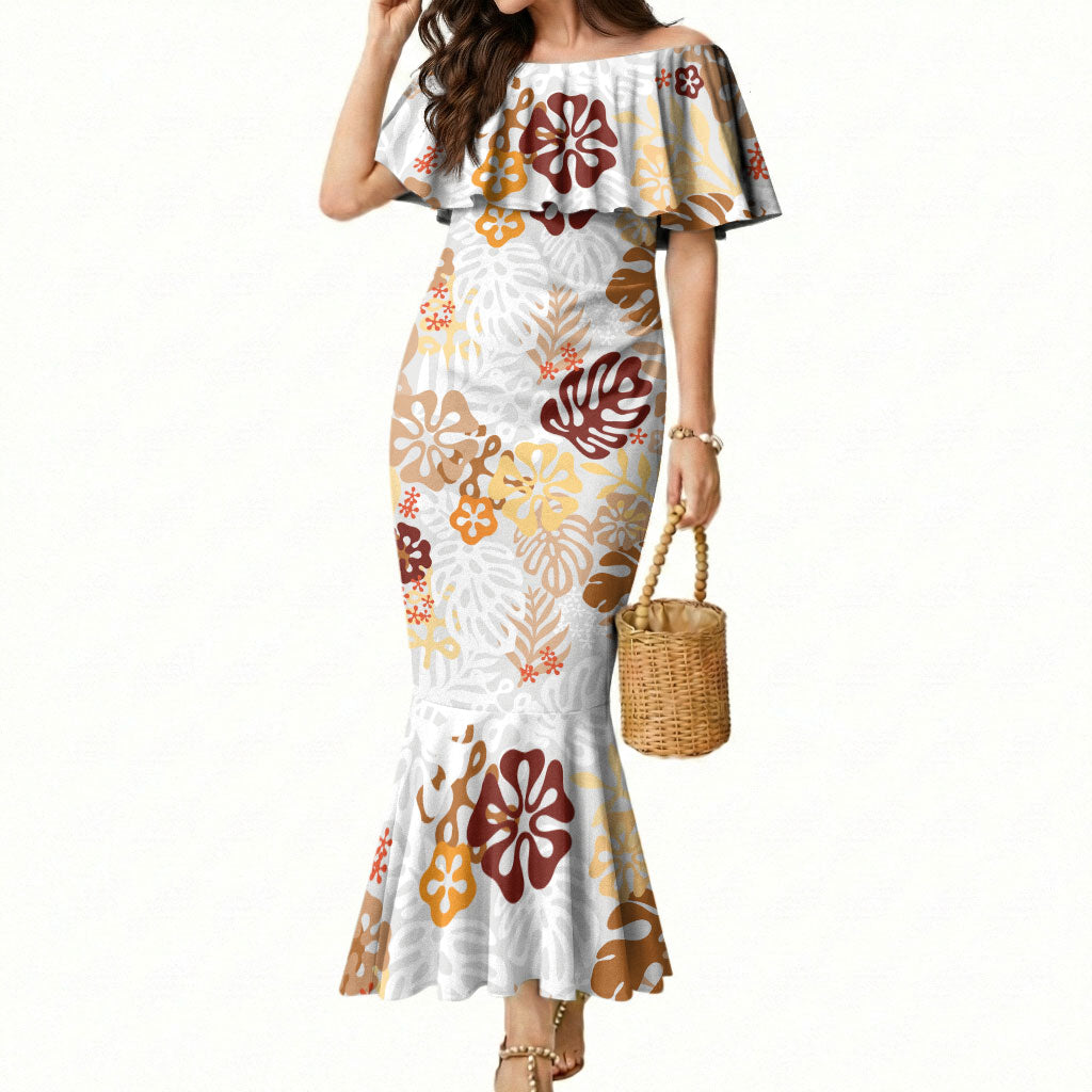 Brown Aloha Hawaiian Mermaid Dress Monstera Hibiscus Tropical Pattern LT19 Women Brown - Polynesian Pride