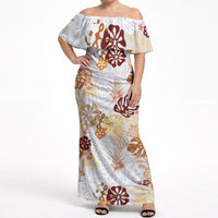 Brown Aloha Hawaiian Off Shoulder Maxi Dress Monstera Hibiscus Tropical Pattern LT19 Women Brown - Polynesian Pride