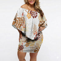 Brown Aloha Hawaiian Off Shoulder Short Dress Monstera Hibiscus Tropical Pattern LT19 Women Brown - Polynesian Pride