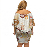Brown Aloha Hawaiian Off Shoulder Short Dress Monstera Hibiscus Tropical Pattern LT19 - Polynesian Pride