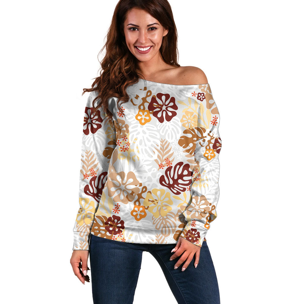 Brown Aloha Hawaiian Off Shoulder Sweater Monstera Hibiscus Tropical Pattern LT19 Women Brown - Polynesian Pride