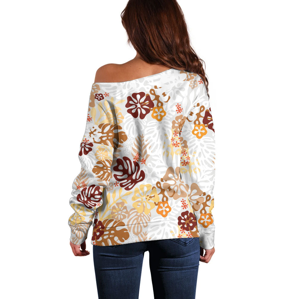 Brown Aloha Hawaiian Off Shoulder Sweater Monstera Hibiscus Tropical Pattern LT19 - Polynesian Pride