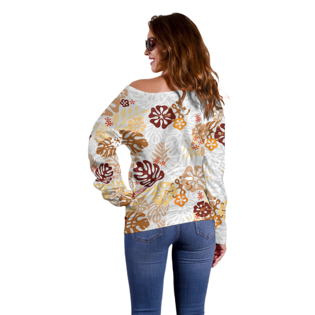 Brown Aloha Hawaiian Off Shoulder Sweater Monstera Hibiscus Tropical Pattern LT19 - Polynesian Pride