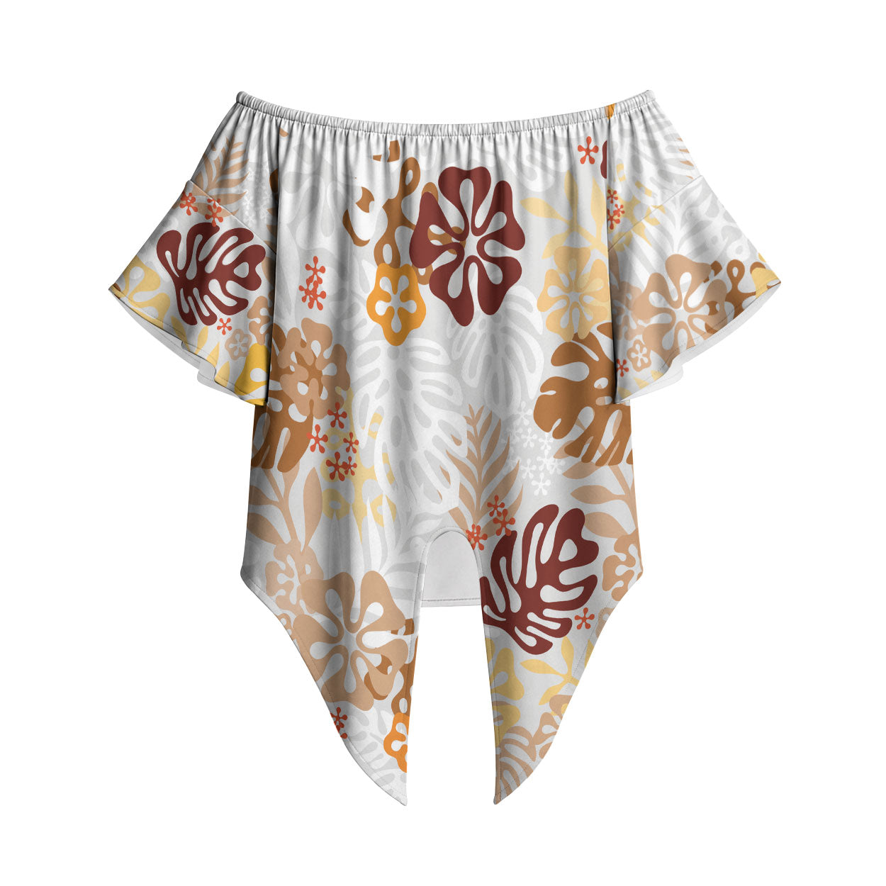 Brown Aloha Hawaiian Off Shoulder Wrap Waist Top Monstera Hibiscus Tropical Pattern LT19 Brown - Polynesian Pride