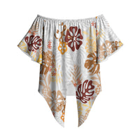 Brown Aloha Hawaiian Off Shoulder Wrap Waist Top Monstera Hibiscus Tropical Pattern LT19 Brown - Polynesian Pride