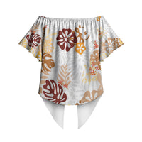 Brown Aloha Hawaiian Off Shoulder Wrap Waist Top Monstera Hibiscus Tropical Pattern LT19 - Polynesian Pride