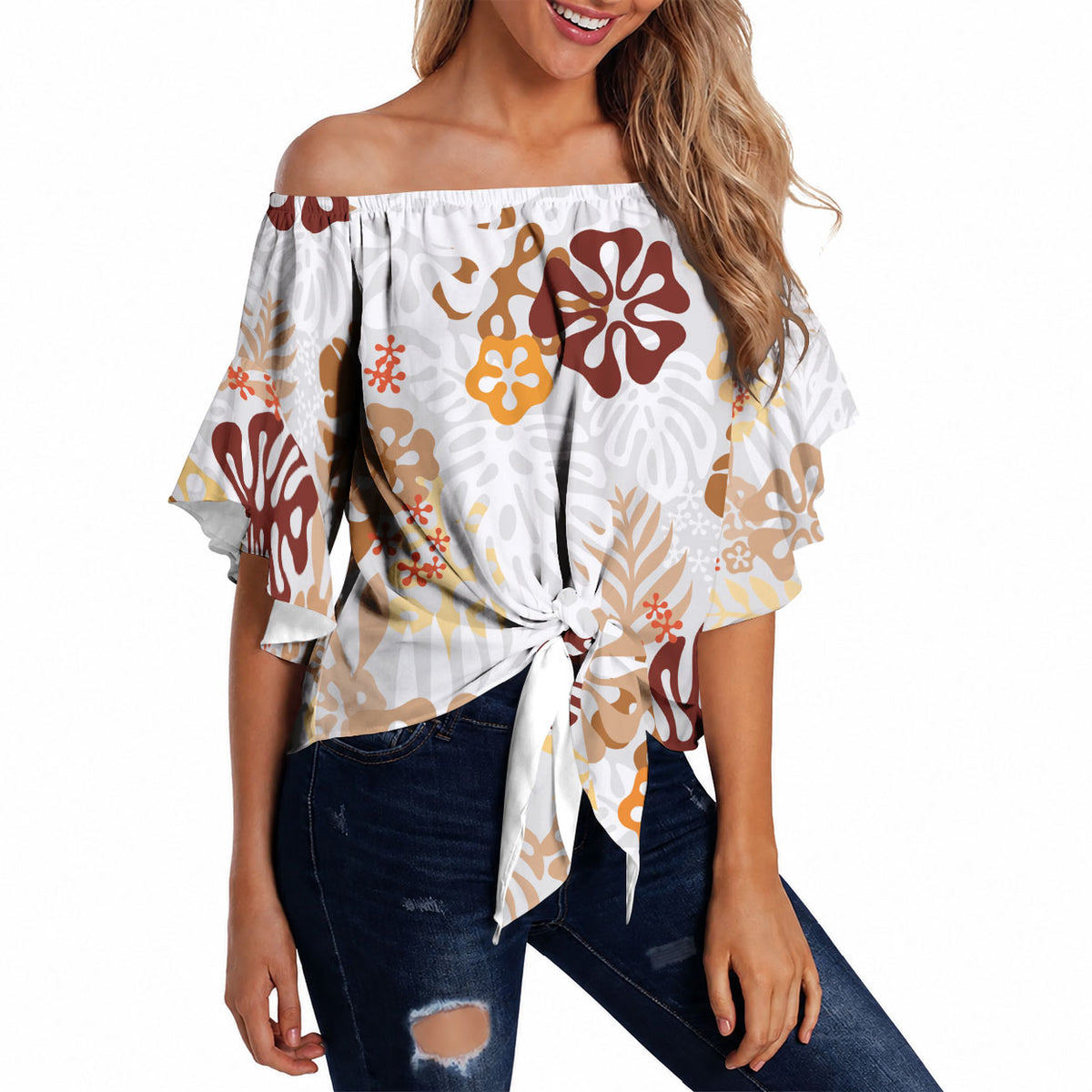 Brown Aloha Hawaiian Off Shoulder Wrap Waist Top Monstera Hibiscus Tropical Pattern LT19 - Polynesian Pride