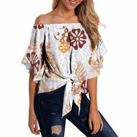 Brown Aloha Hawaiian Off Shoulder Wrap Waist Top Monstera Hibiscus Tropical Pattern LT19 - Polynesian Pride