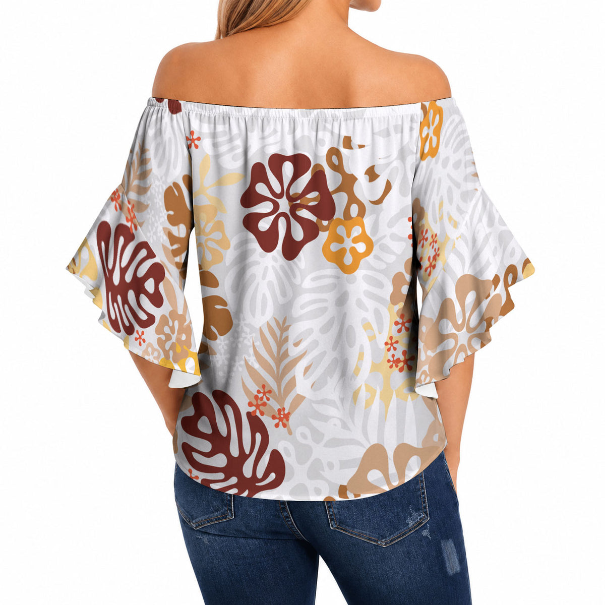 Brown Aloha Hawaiian Off Shoulder Wrap Waist Top Monstera Hibiscus Tropical Pattern LT19 - Polynesian Pride