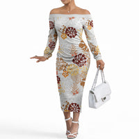 Brown Aloha Hawaiian Off The Shoulder Long Sleeve Dress Monstera Hibiscus Tropical Pattern LT19 Women Brown - Polynesian Pride