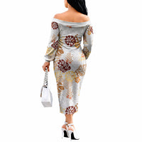 Brown Aloha Hawaiian Off The Shoulder Long Sleeve Dress Monstera Hibiscus Tropical Pattern LT19 - Polynesian Pride