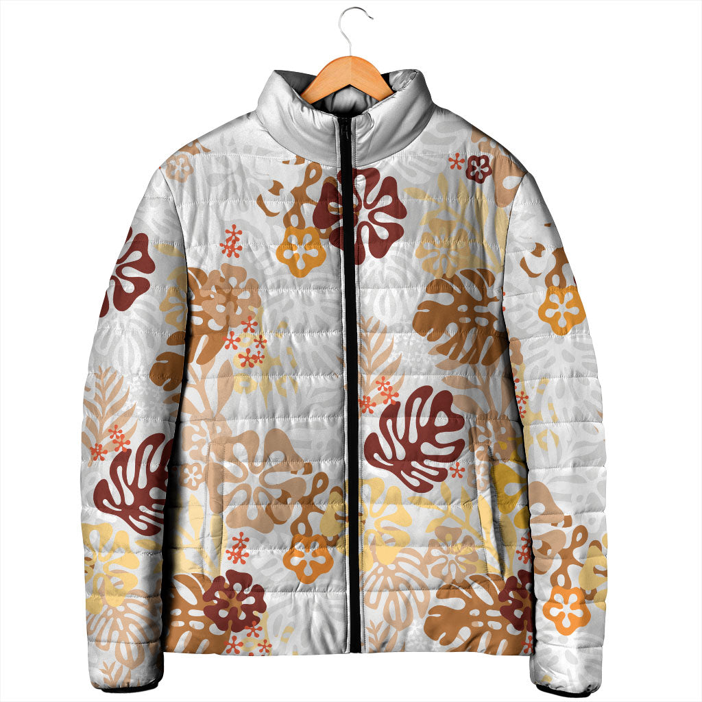Brown Aloha Hawaiian Padded Jacket Monstera Hibiscus Tropical Pattern LT19 - Polynesian Pride