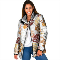Brown Aloha Hawaiian Padded Jacket Monstera Hibiscus Tropical Pattern LT19 Women Brown - Polynesian Pride