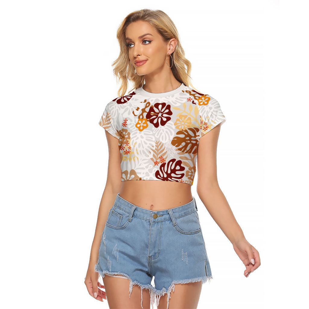 Brown Aloha Hawaiian Raglan Cropped T Shirt Monstera Hibiscus Tropical Pattern LT19 Female Brown - Polynesian Pride