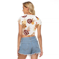 Brown Aloha Hawaiian Raglan Cropped T Shirt Monstera Hibiscus Tropical Pattern LT19 - Polynesian Pride