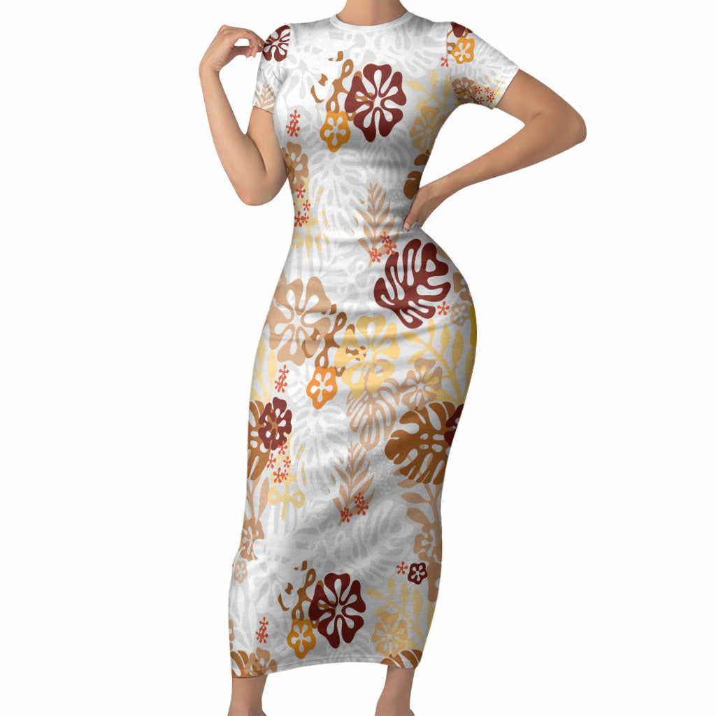 Brown Aloha Hawaiian Short Sleeve Bodycon Dress Monstera Hibiscus Tropical Pattern LT19 Long Dress Brown - Polynesian Pride
