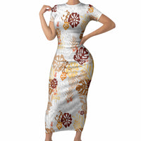 Brown Aloha Hawaiian Short Sleeve Bodycon Dress Monstera Hibiscus Tropical Pattern LT19 Long Dress Brown - Polynesian Pride