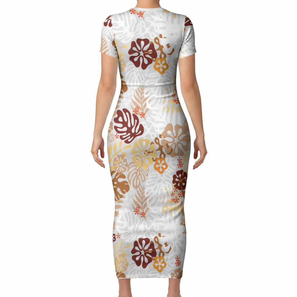 Brown Aloha Hawaiian Short Sleeve Bodycon Dress Monstera Hibiscus Tropical Pattern LT19 - Polynesian Pride
