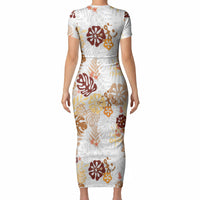 Brown Aloha Hawaiian Short Sleeve Bodycon Dress Monstera Hibiscus Tropical Pattern LT19 - Polynesian Pride