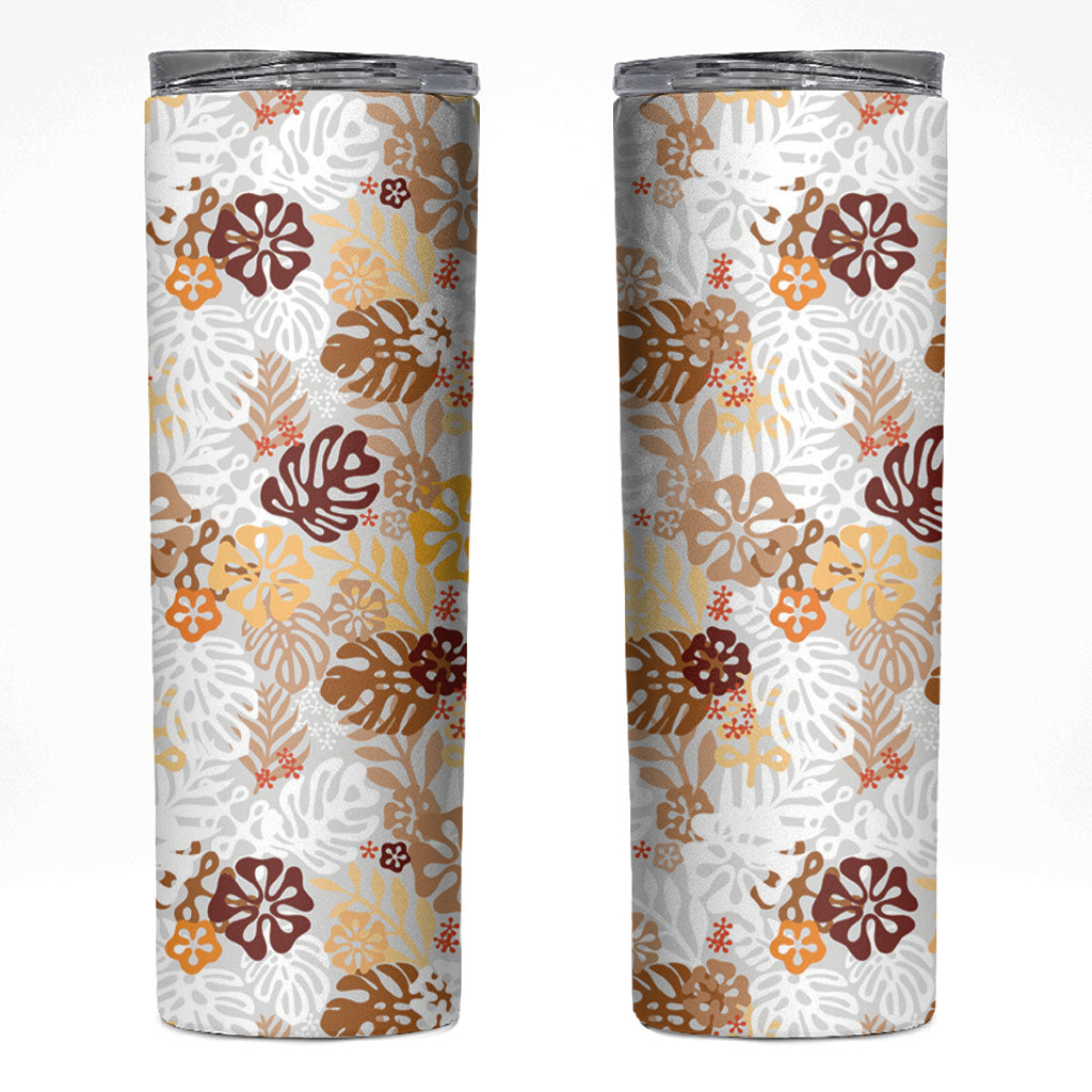 Brown Aloha Hawaiian Skinny Tumbler Monstera Hibiscus Tropical Pattern LT19 Brown - Polynesian Pride