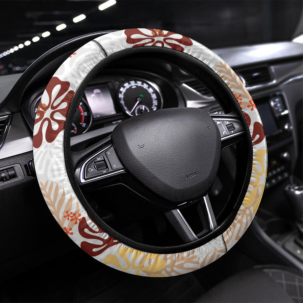 Brown Aloha Hawaiian Steering Wheel Cover Monstera Hibiscus Tropical Pattern LT19 Universal Fit Brown - Polynesian Pride