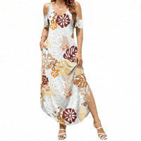 Brown Aloha Hawaiian Summer Maxi Dress Monstera Hibiscus Tropical Pattern LT19 Women Brown - Polynesian Pride