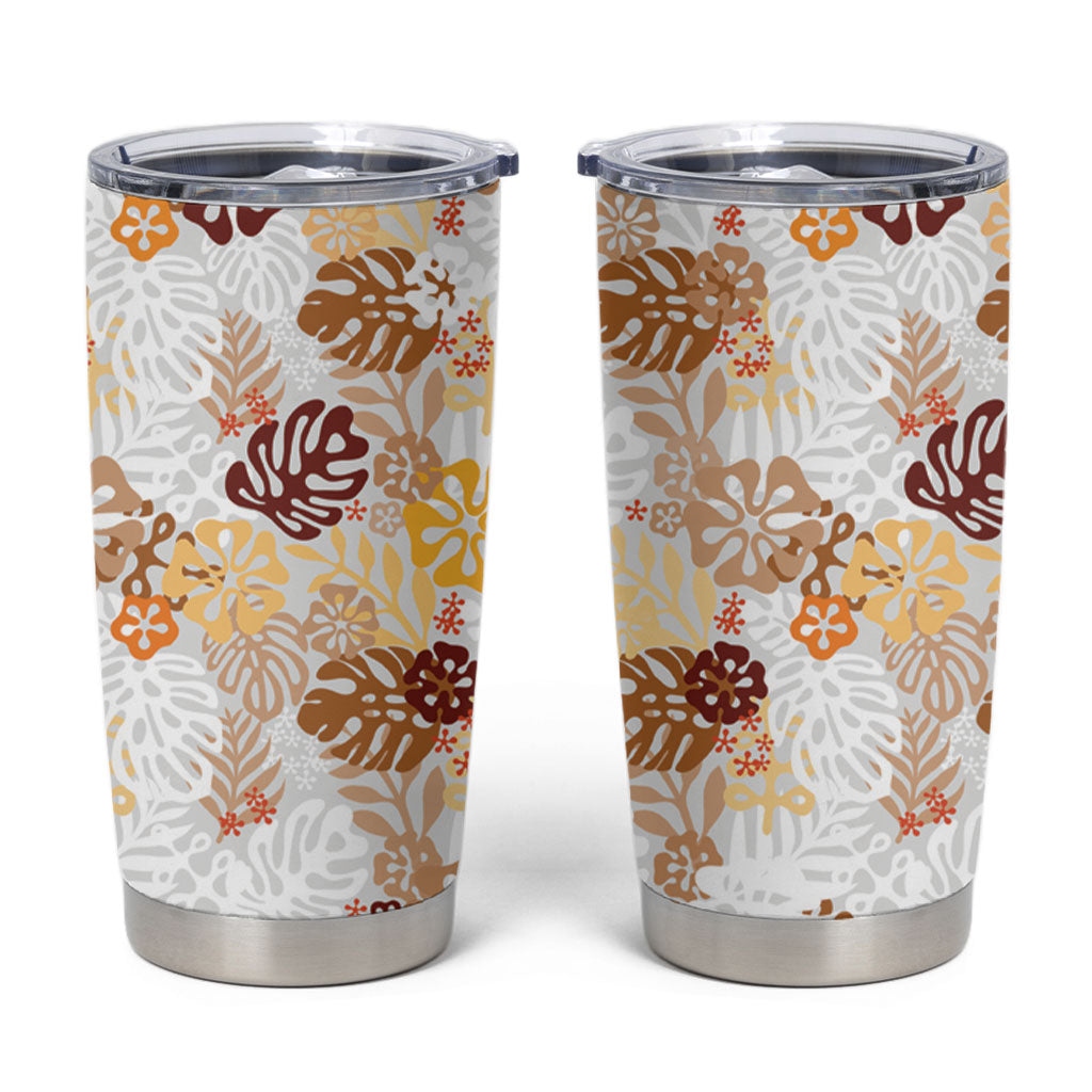Brown Aloha Hawaiian Tumbler Cup Monstera Hibiscus Tropical Pattern LT19 Brown - Polynesian Pride