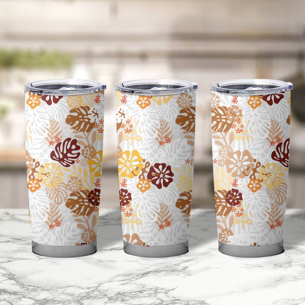 Brown Aloha Hawaiian Tumbler Cup Monstera Hibiscus Tropical Pattern LT19 - Polynesian Pride