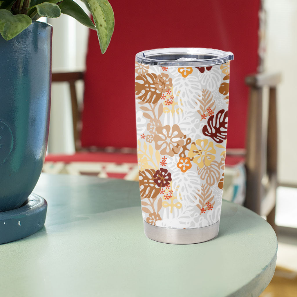 Brown Aloha Hawaiian Tumbler Cup Monstera Hibiscus Tropical Pattern LT19 - Polynesian Pride