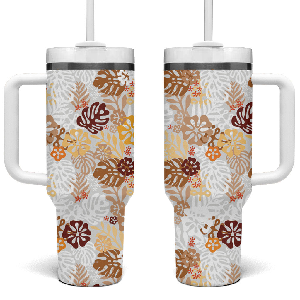 Brown Aloha Hawaiian Tumbler With Handle Monstera Hibiscus Tropical Pattern LT19 One Size: 40 oz Brown - Polynesian Pride