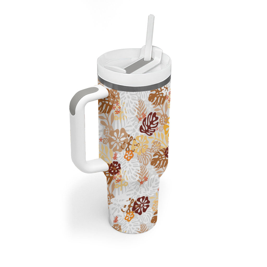 Brown Aloha Hawaiian Tumbler With Handle Monstera Hibiscus Tropical Pattern LT19 - Polynesian Pride