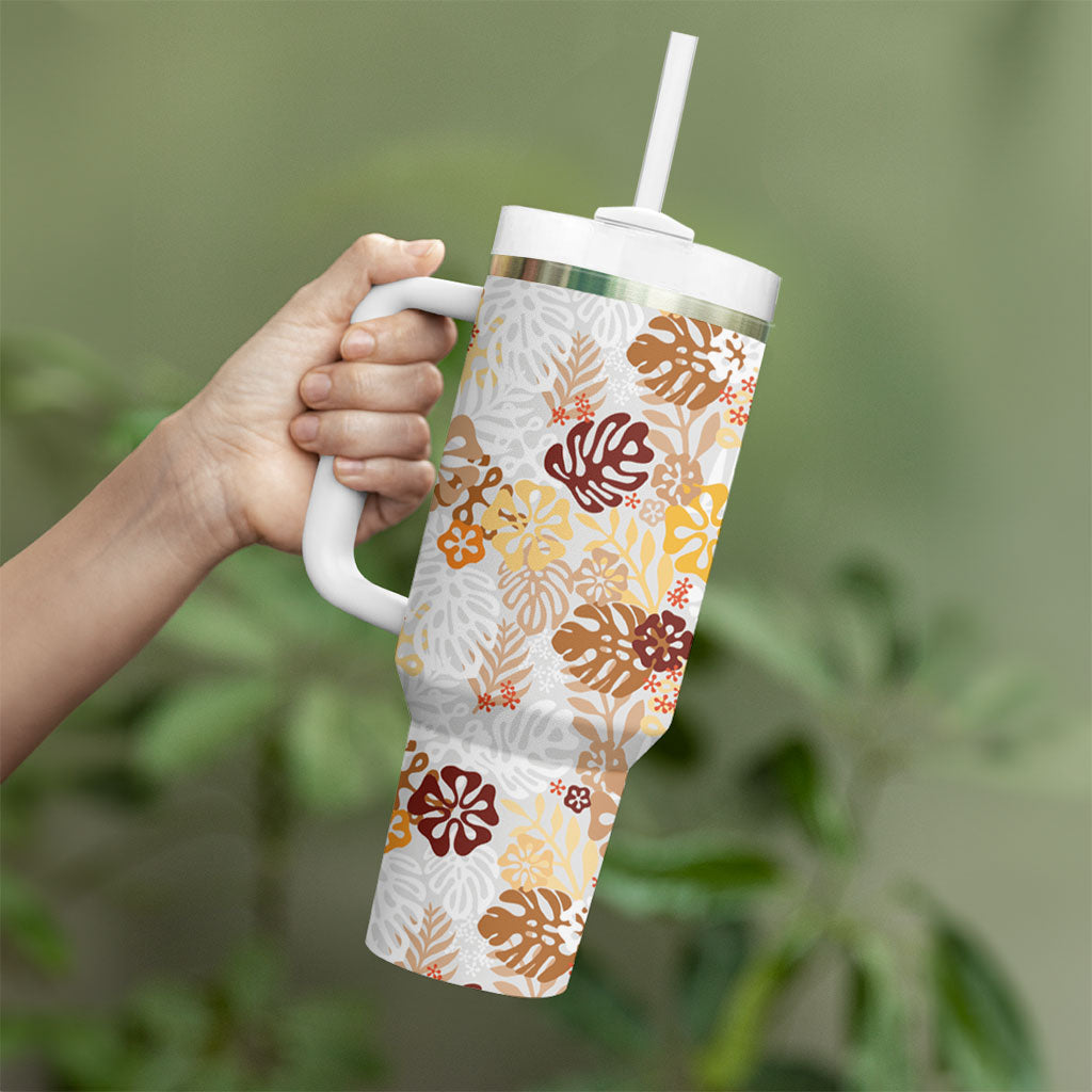 Brown Aloha Hawaiian Tumbler With Handle Monstera Hibiscus Tropical Pattern LT19 - Polynesian Pride