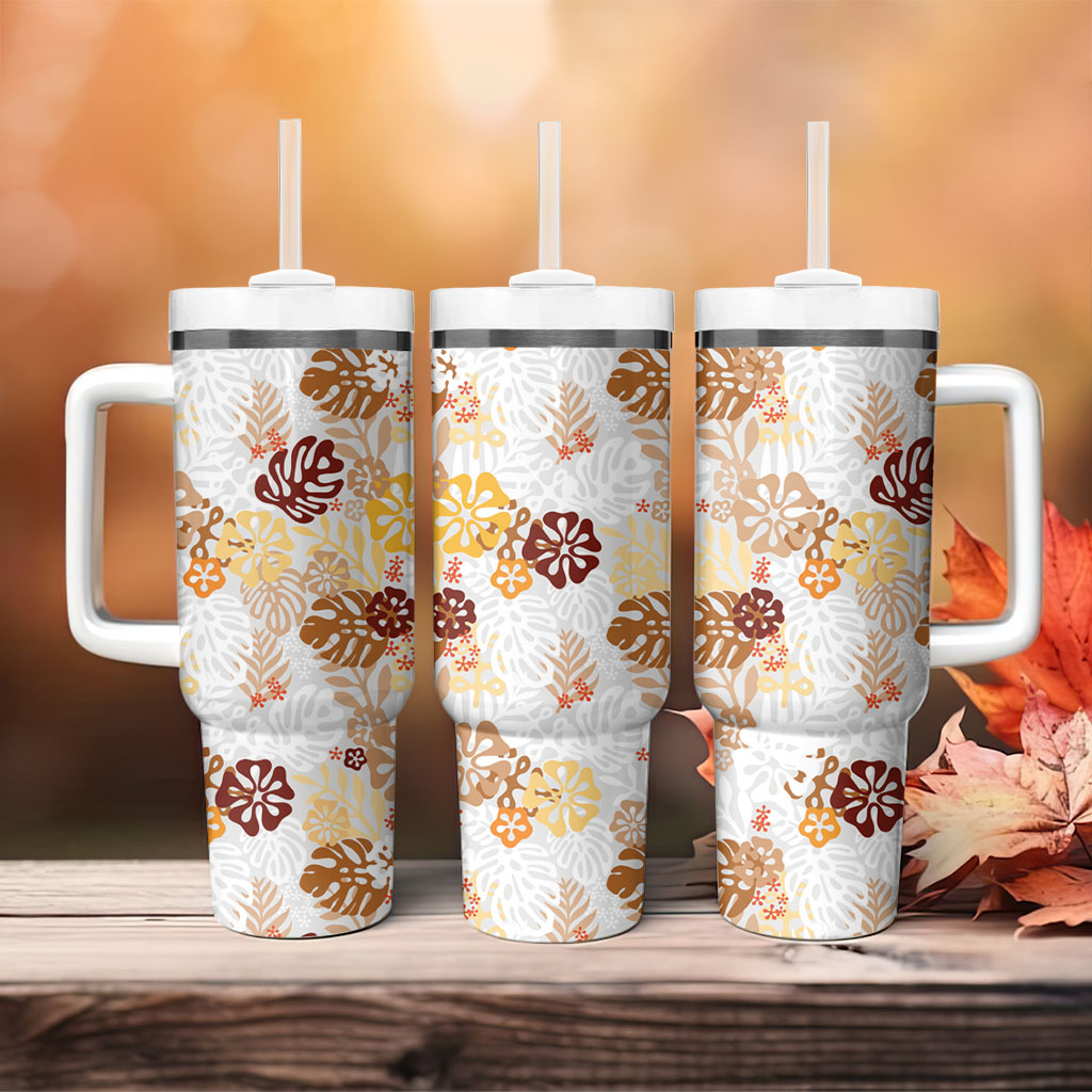 Brown Aloha Hawaiian Tumbler With Handle Monstera Hibiscus Tropical Pattern LT19 - Polynesian Pride