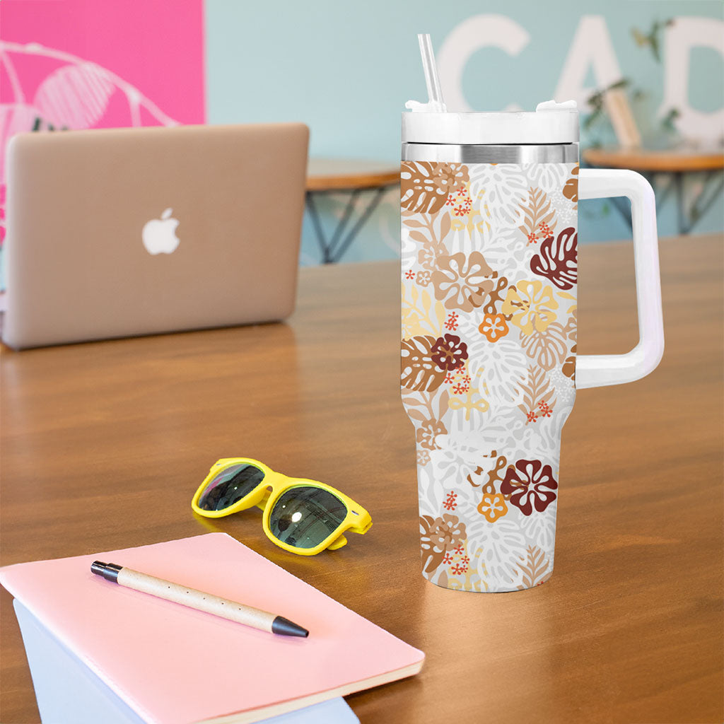 Brown Aloha Hawaiian Tumbler With Handle Monstera Hibiscus Tropical Pattern LT19 - Polynesian Pride